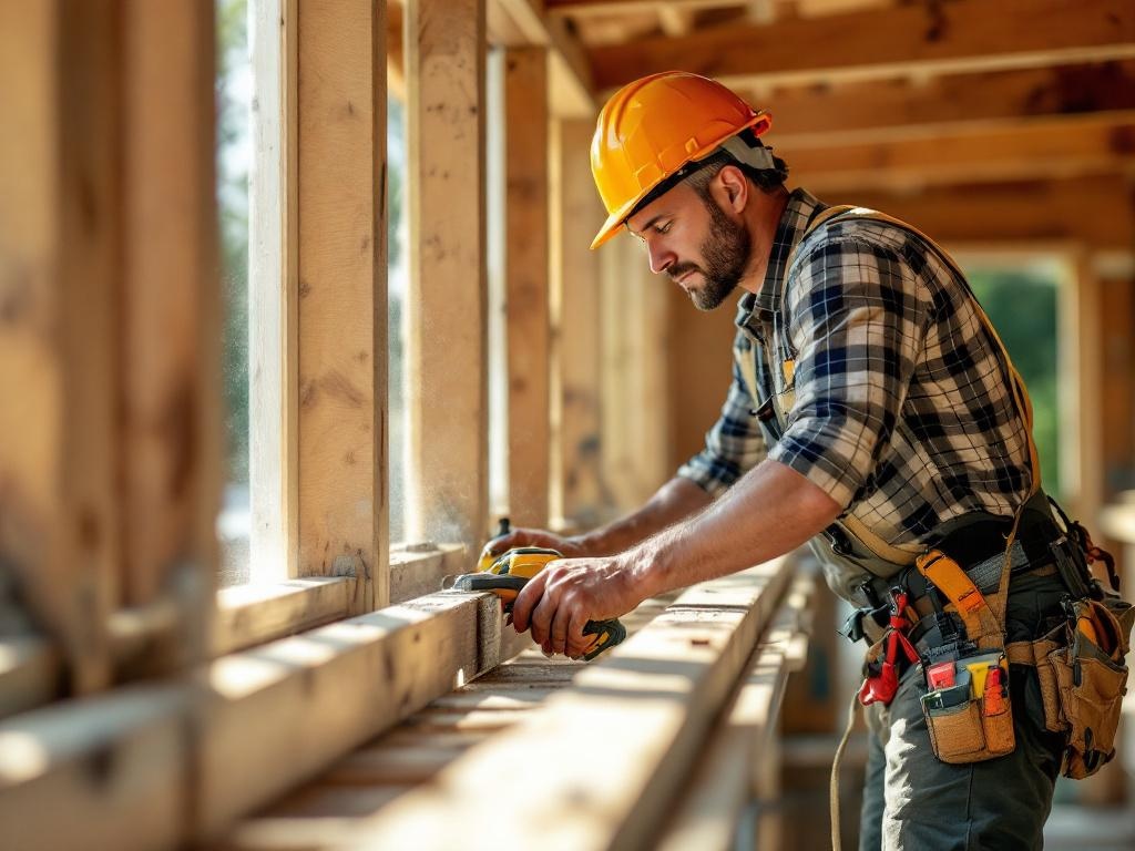 Professional contractor building a wooden deck with tools and equipment in natural lighting