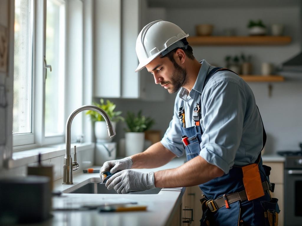 Professional contractor renovating a modern kitchen with tools and equipment in use