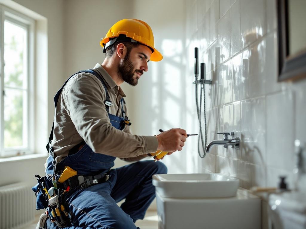 Professional contractor renovating a modern bathroom with tools and precision.
