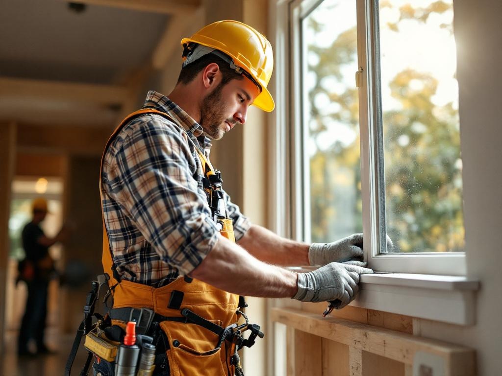 Professional contractor working on home addition with tools and equipment in natural light