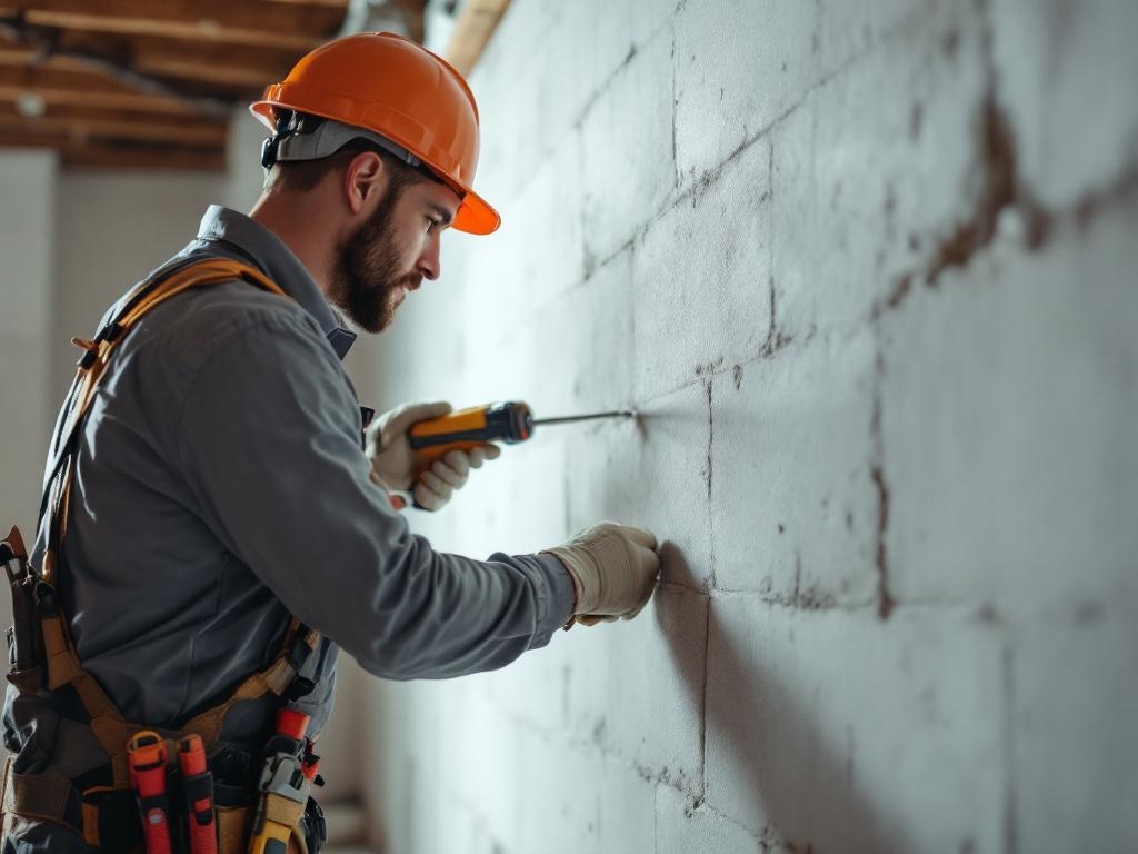 Professional contractor finishing a basement with tools and equipment in action