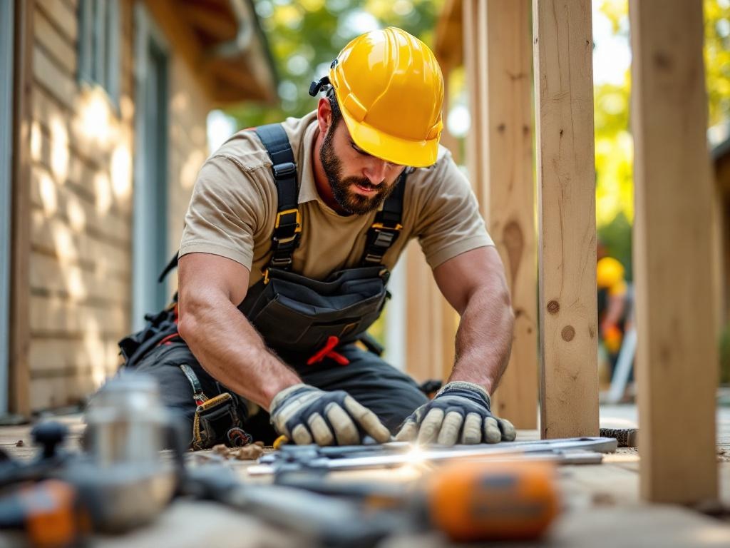Professional contractor building a high-quality wooden deck with tools in natural lighting