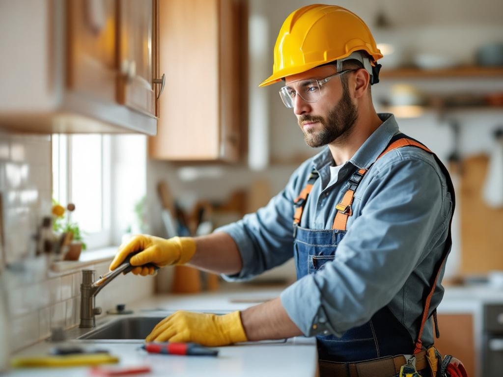 General contractor working on a high-quality kitchen remodel with tools and equipment.