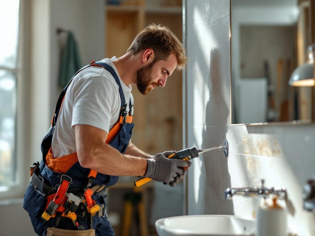 General contractor professionally renovating a bathroom with tools and natural lighting