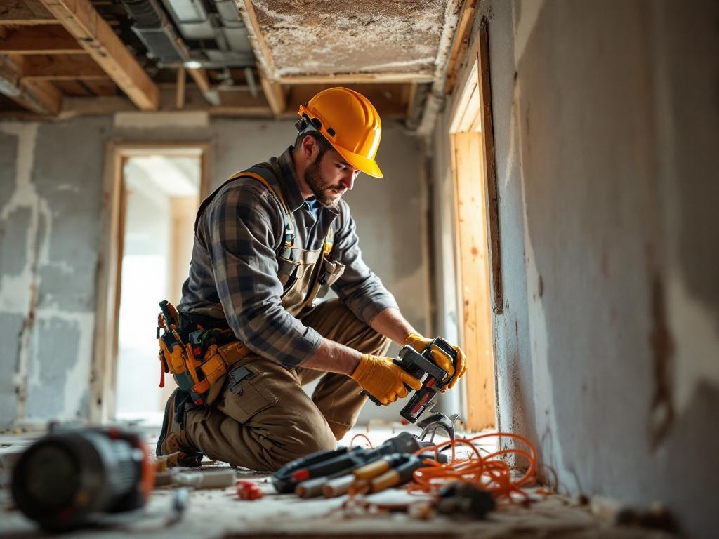 Professional contractor completing a basement finish with tools and equipment in a clean workspace