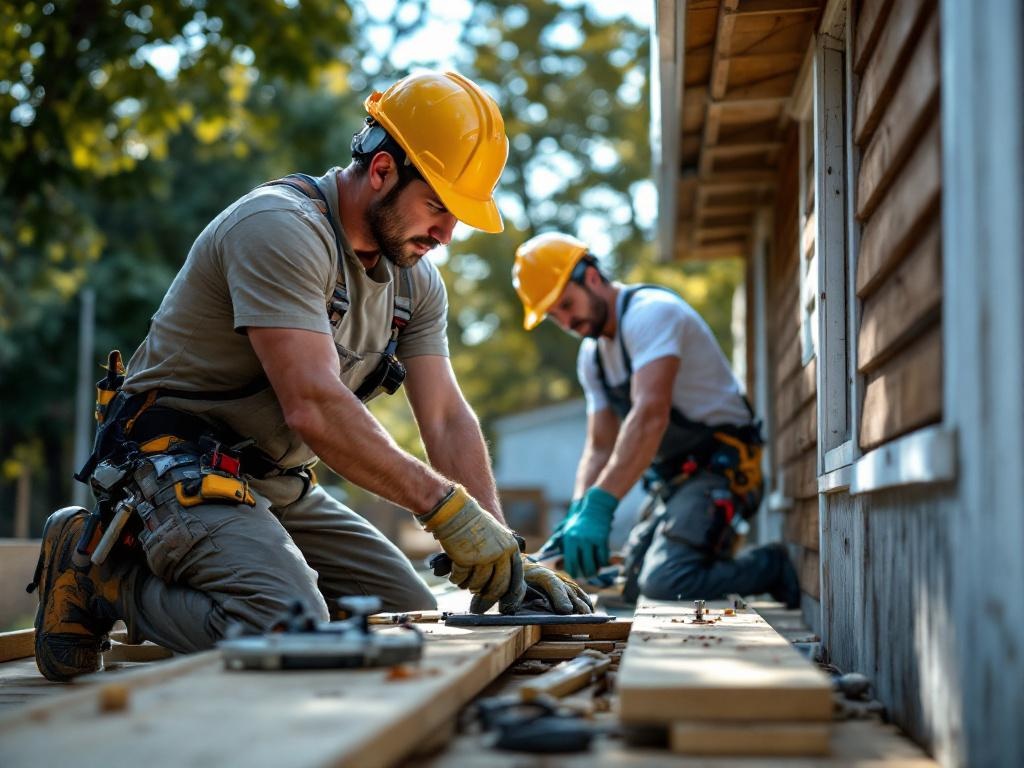 Professional general contractor building a wooden deck with tools and natural lighting