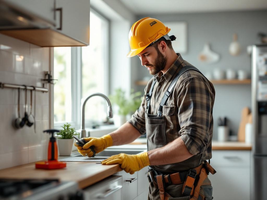 Professional contractor remodeling a modern kitchen with tools and equipment in action
