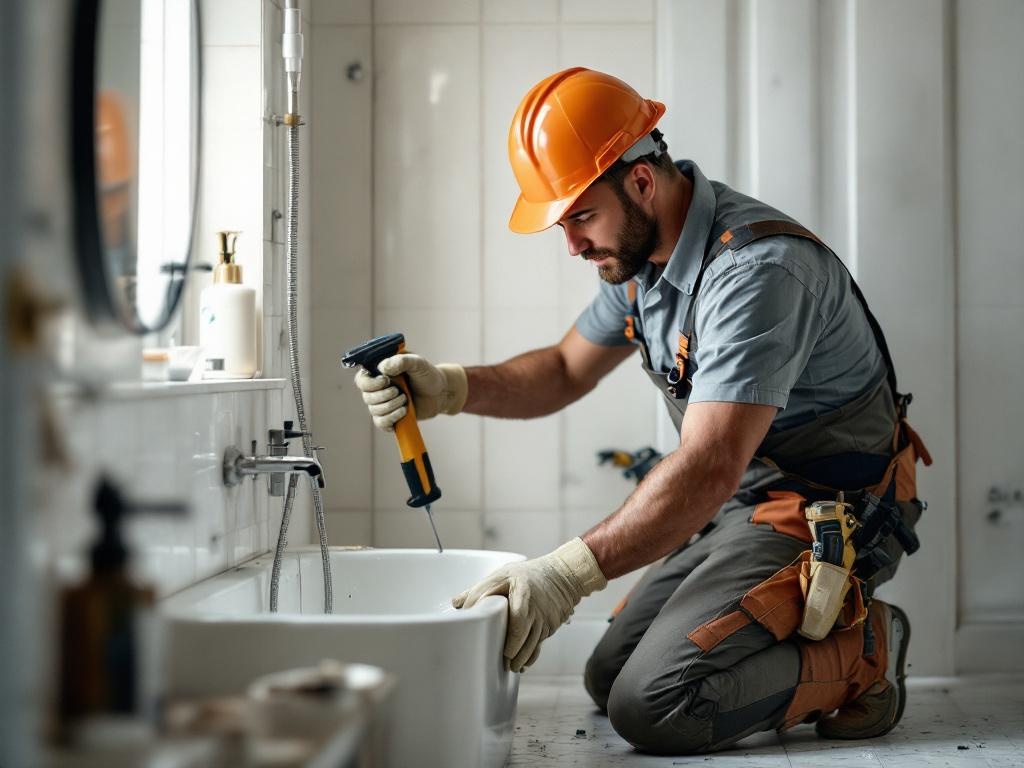 Professional contractor renovating a bathroom with tools and equipment under natural lighting