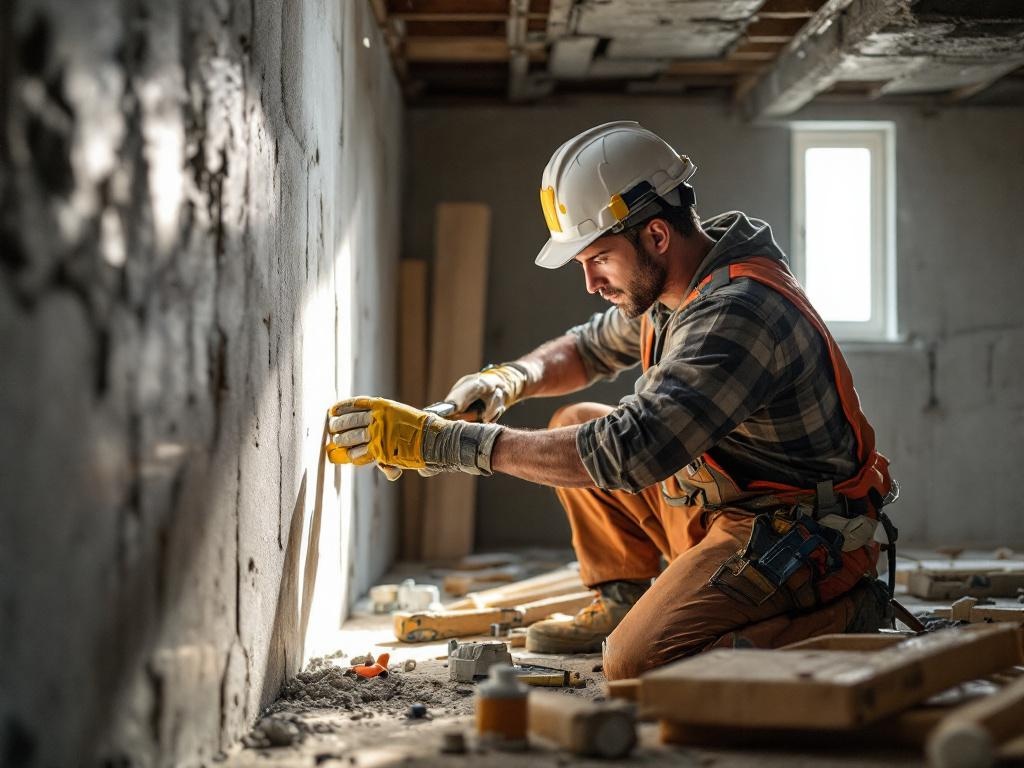 General contractor working on a basement finish with tools and professional equipment
