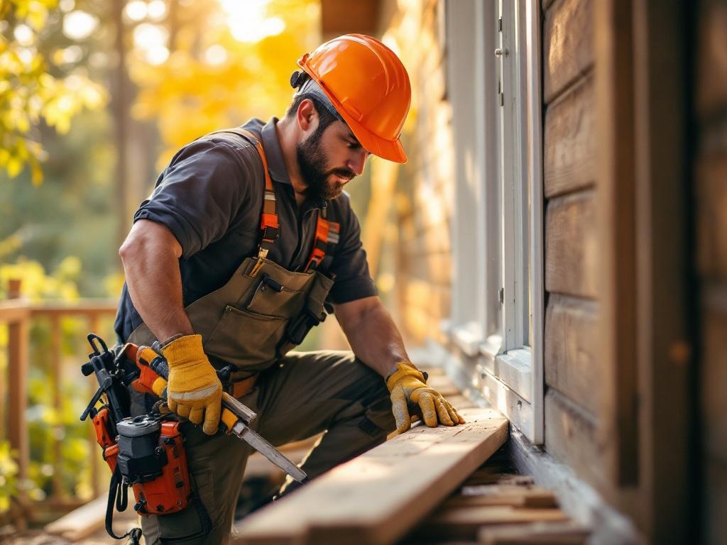 Professional contractor building a wooden deck with tools and equipment in natural lighting