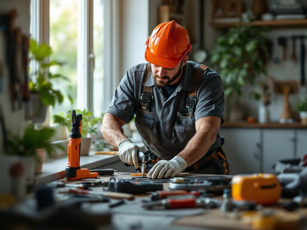 Professional handyman fixing household items with tools and equipment in natural lighting