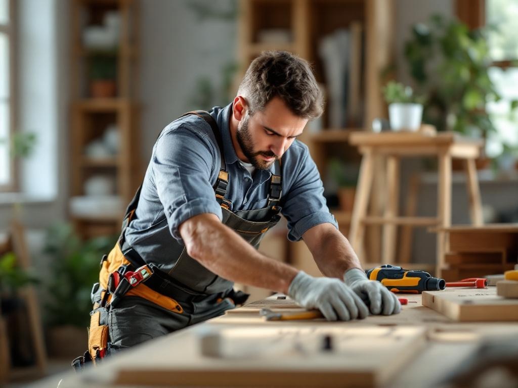 Professional handyman assembling furniture with tools in a natural home setting