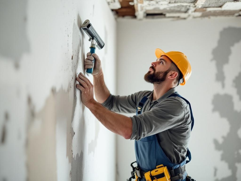 Professional handyman performing drywall repair using tools, showing attention to detail.