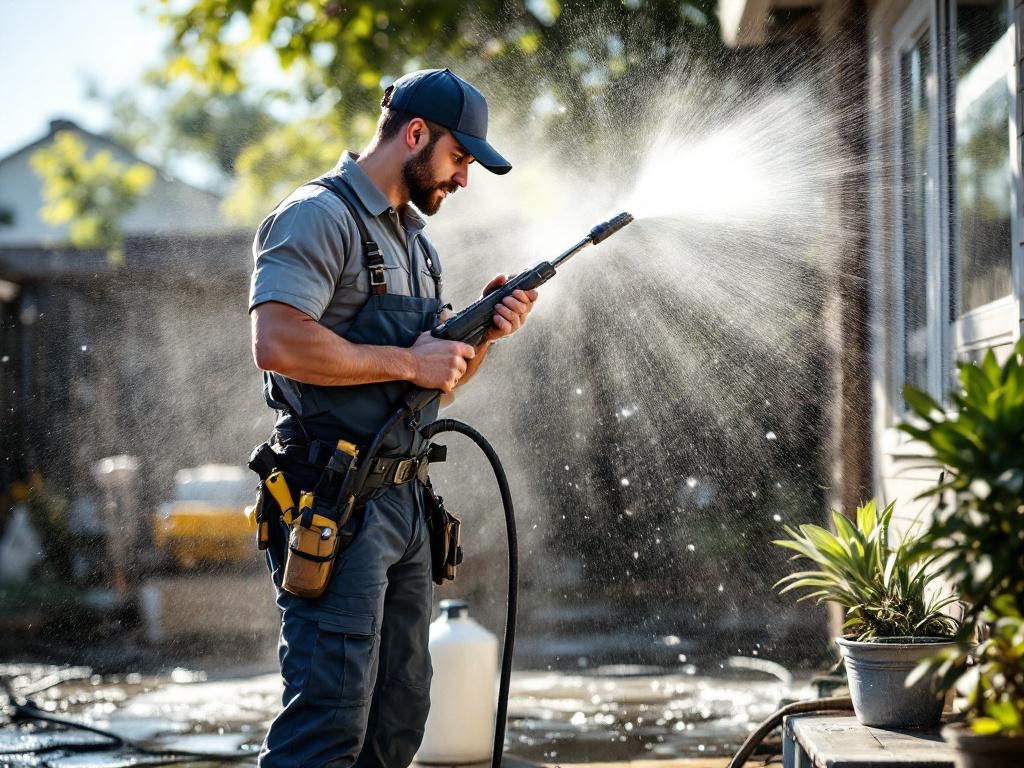 Handyman using professional pressure washing equipment to clean outdoor surfaces with precision