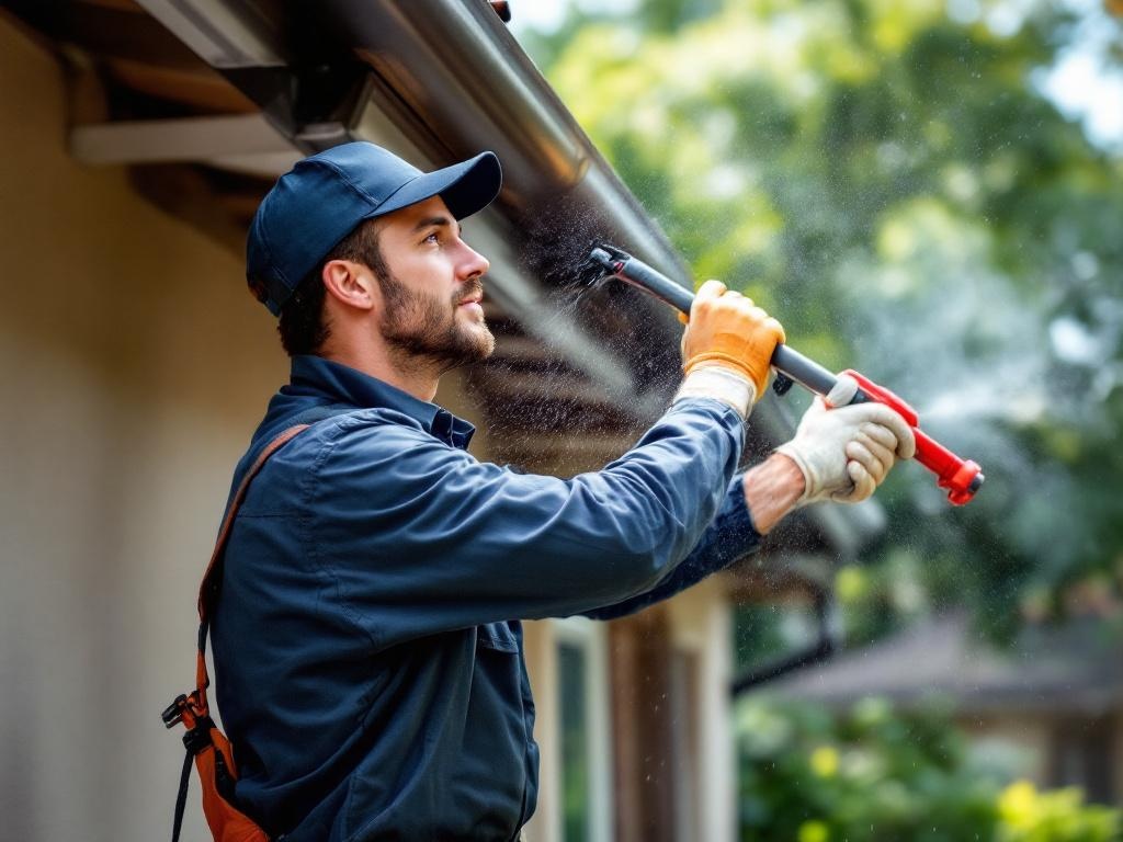 Professional handyman cleaning gutters with tools under natural lighting on a house exterior
