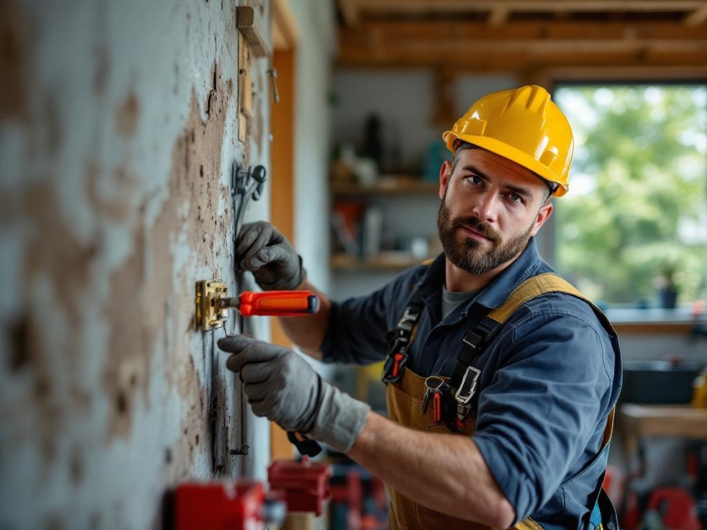 Professional handyman performing general home repairs with tools and equipment
