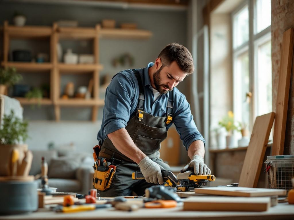 Experienced handyman assembling furniture with tools in a well-lit setting