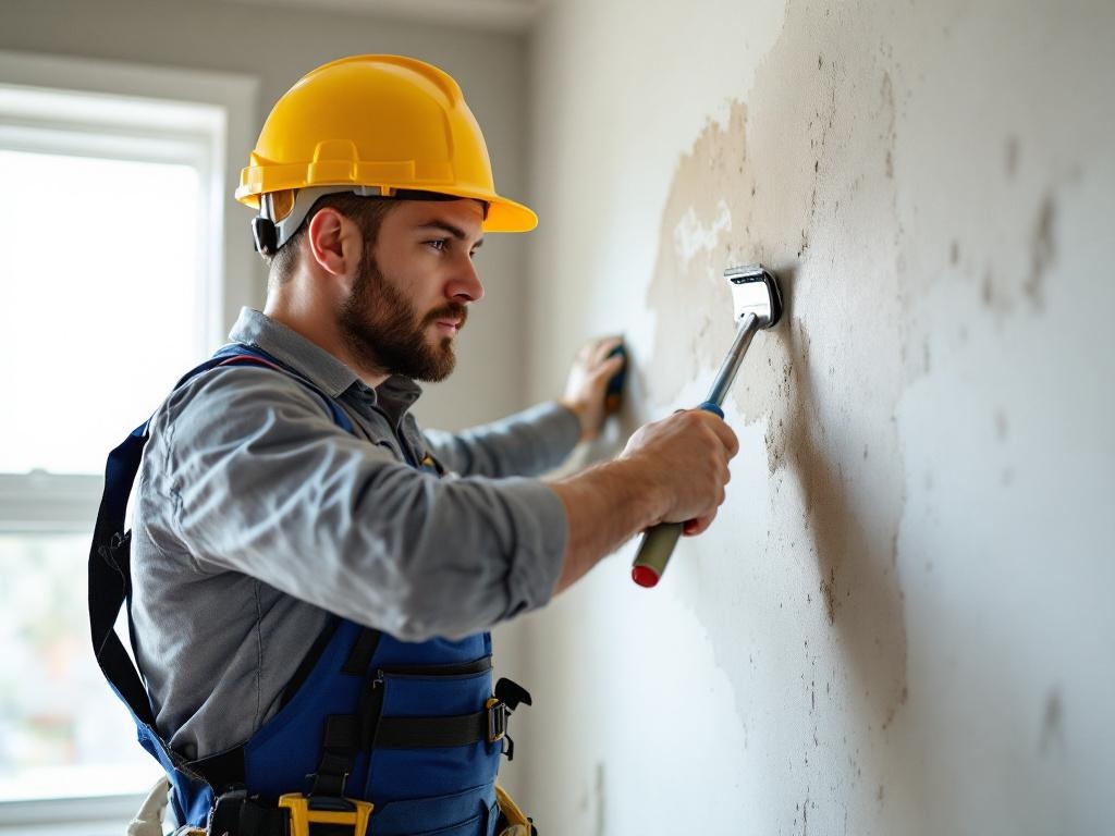 Professional handyman repairing drywall with tools and precision in a home setting