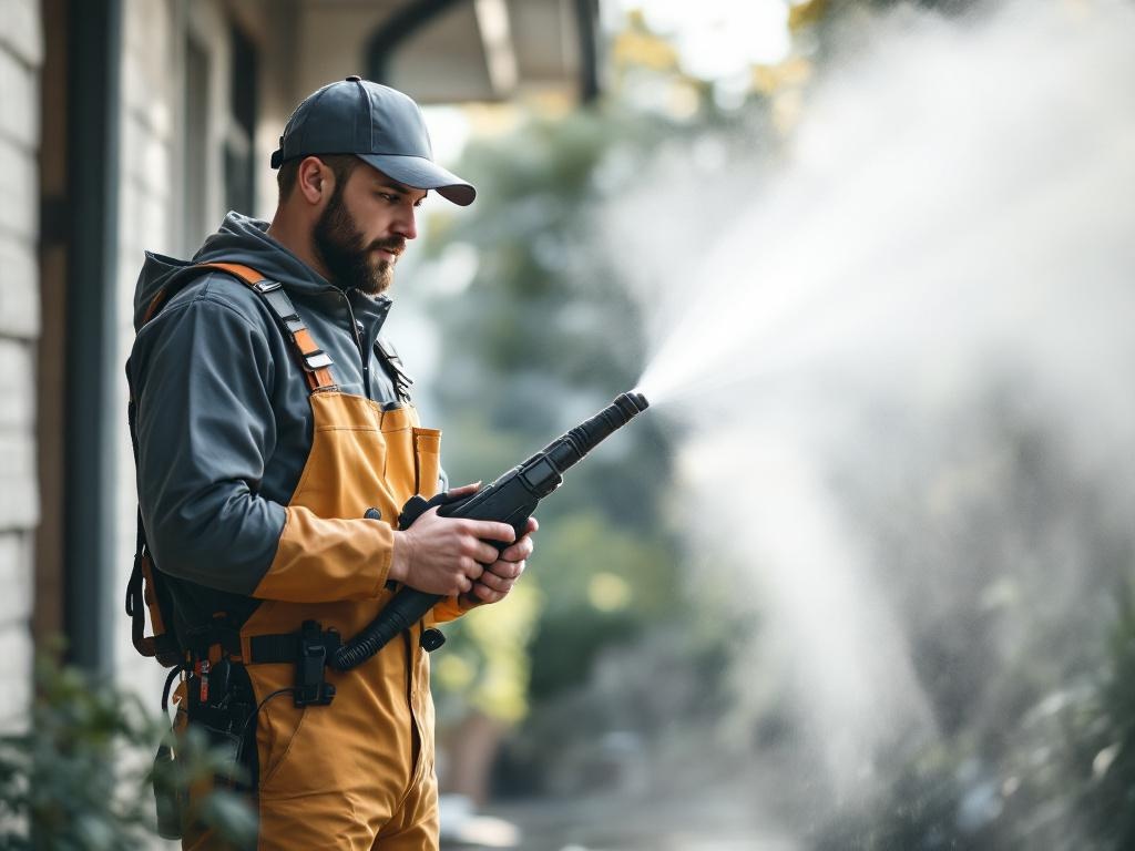Handyman in professional attire using pressure washer to clean outdoor surface