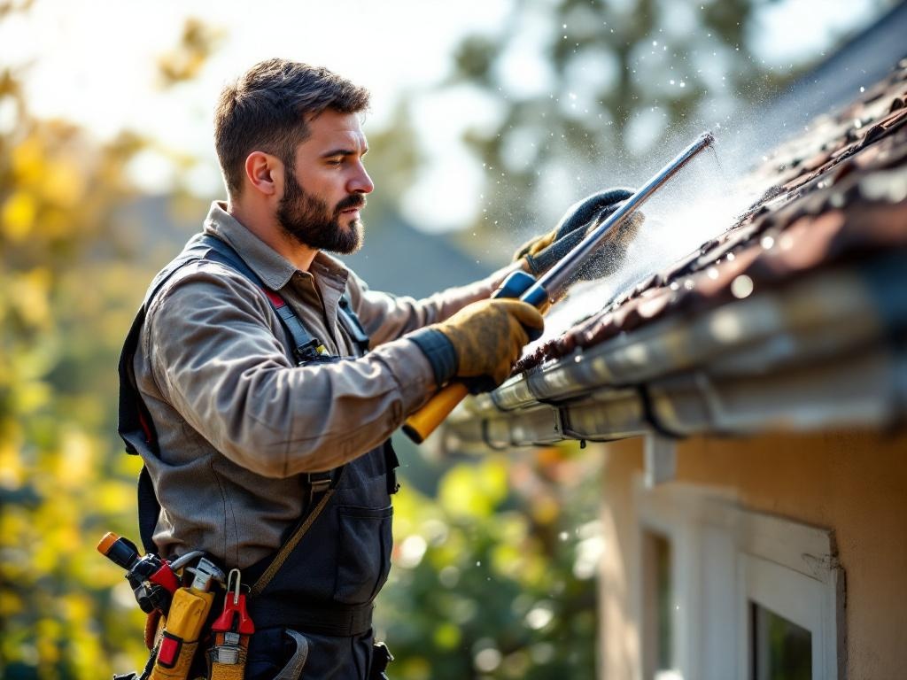Professional handyman cleaning gutters using tools and safety equipment on a sunny day