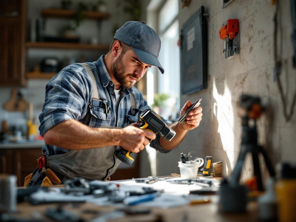 Professional handyman performing general home repairs with tools and equipment in action