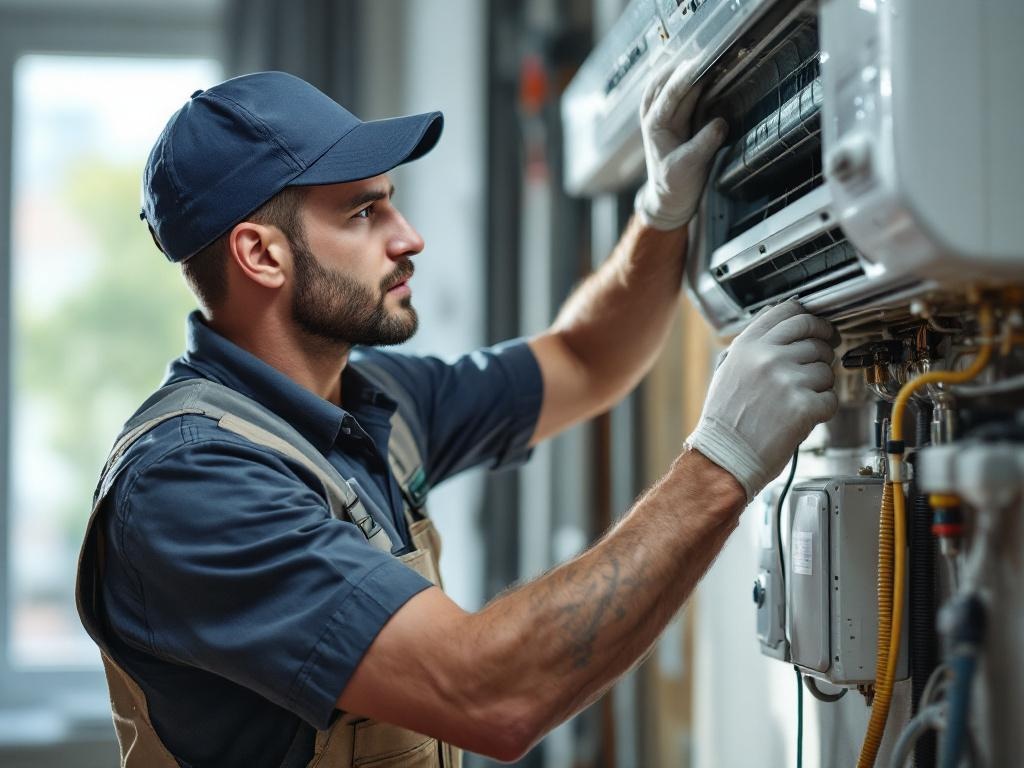 HVAC technician installing an air conditioning unit with tools in a residential home.