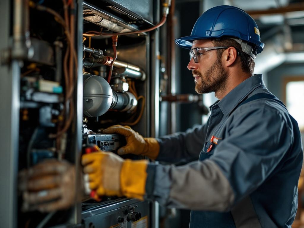HVAC technician repairing a home furnace with tools and equipment in a realistic setting