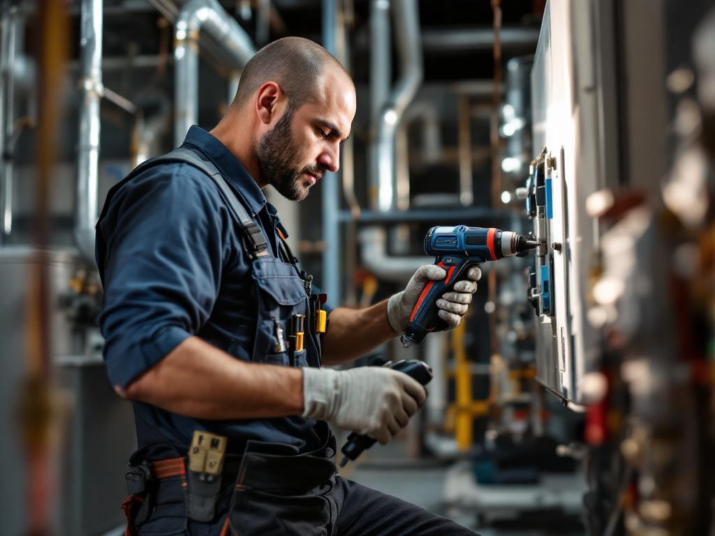 Professional HVAC technician servicing a heat pump with tools and equipment outdoors