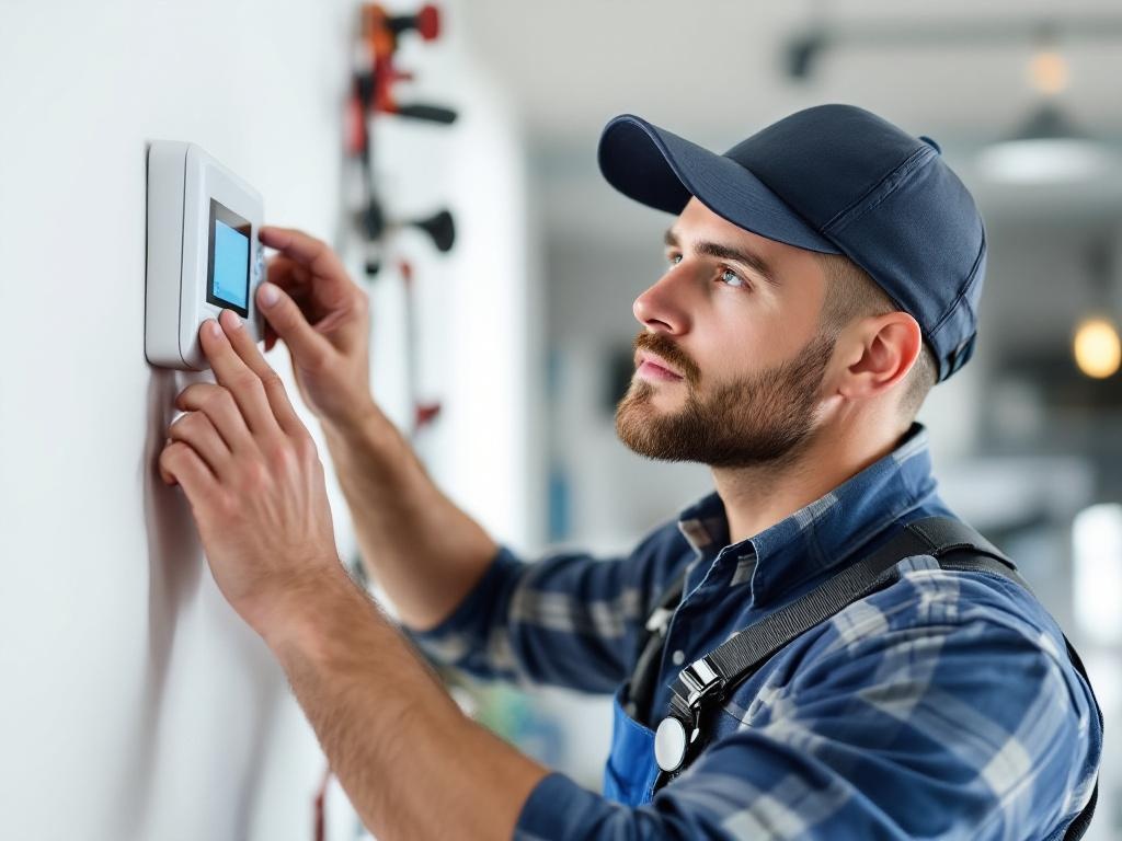 Professional HVAC technician installing a modern thermostat using proper tools and equipment