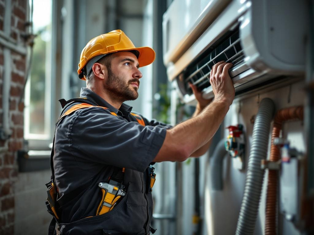 Professional HVAC technician installing an air conditioning unit with tools and equipment