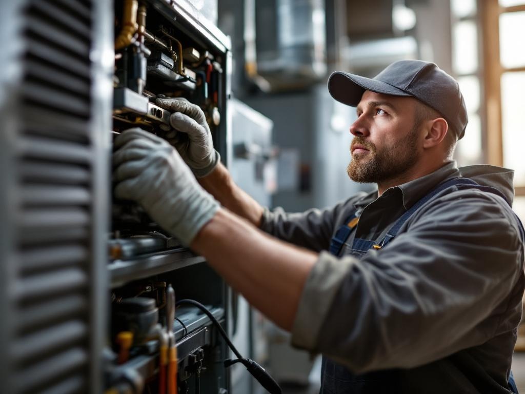 Professional HVAC technician repairing a furnace with tools and equipment in action