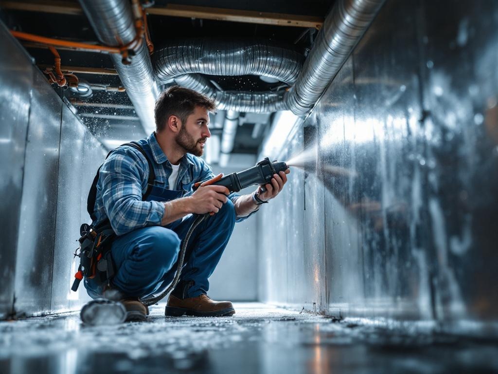 Professional HVAC technician cleaning air ducts with tools for improved air quality