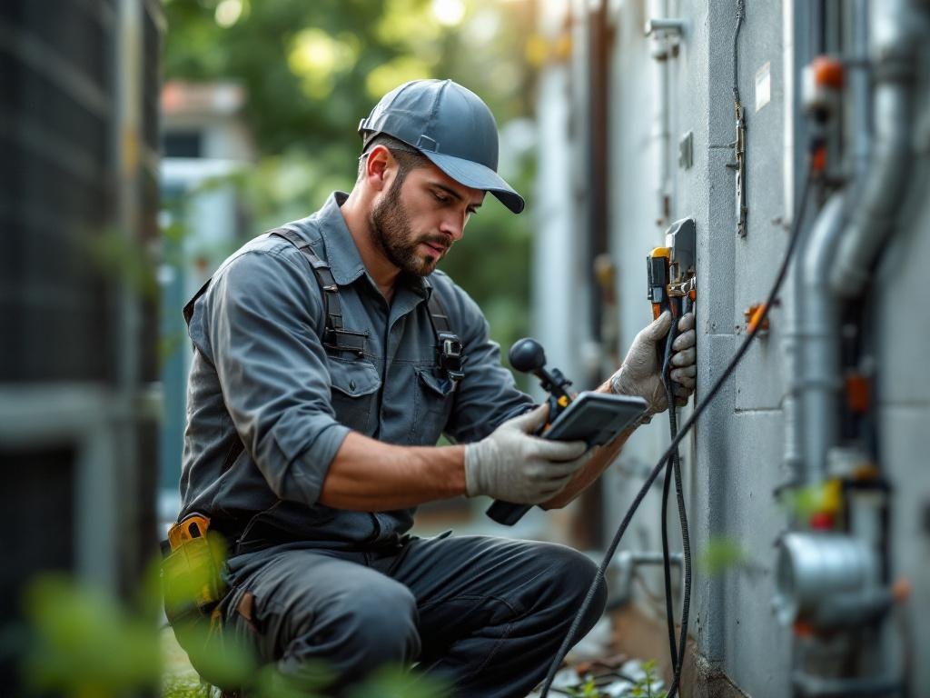 HVAC technician servicing heat pump with tools, wearing professional attire, in natural light.