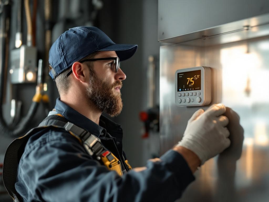 Professional HVAC technician installing a thermostat with tools in a modern home