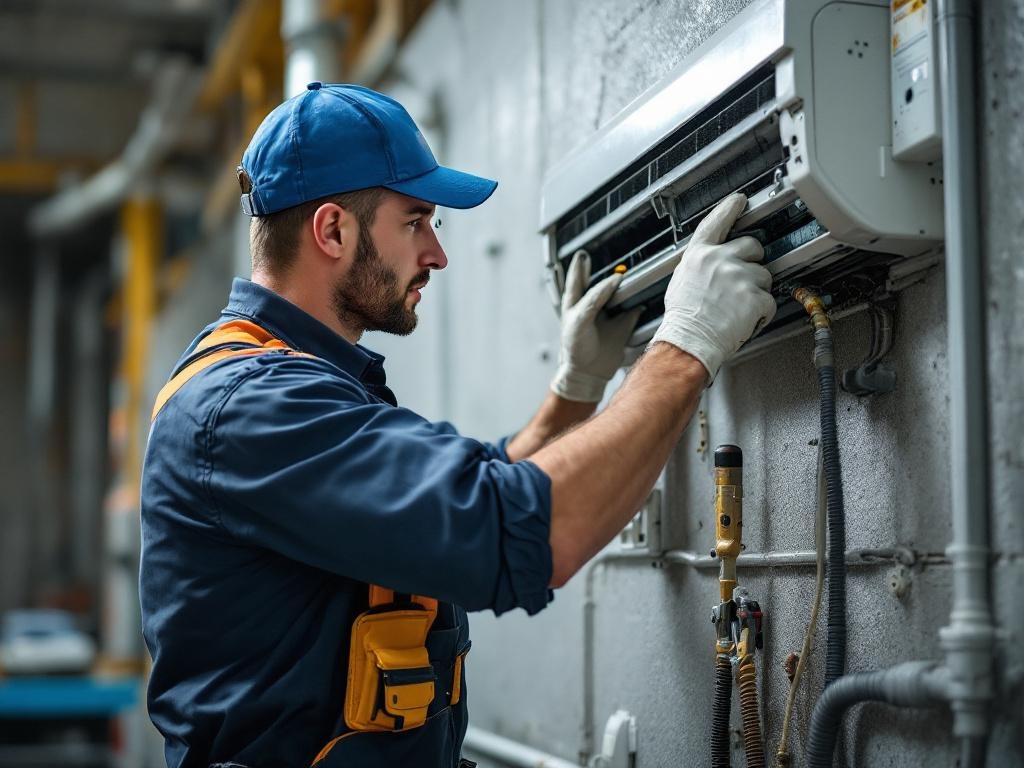 Professional HVAC technician installing an air conditioning unit with tools and equipment in use