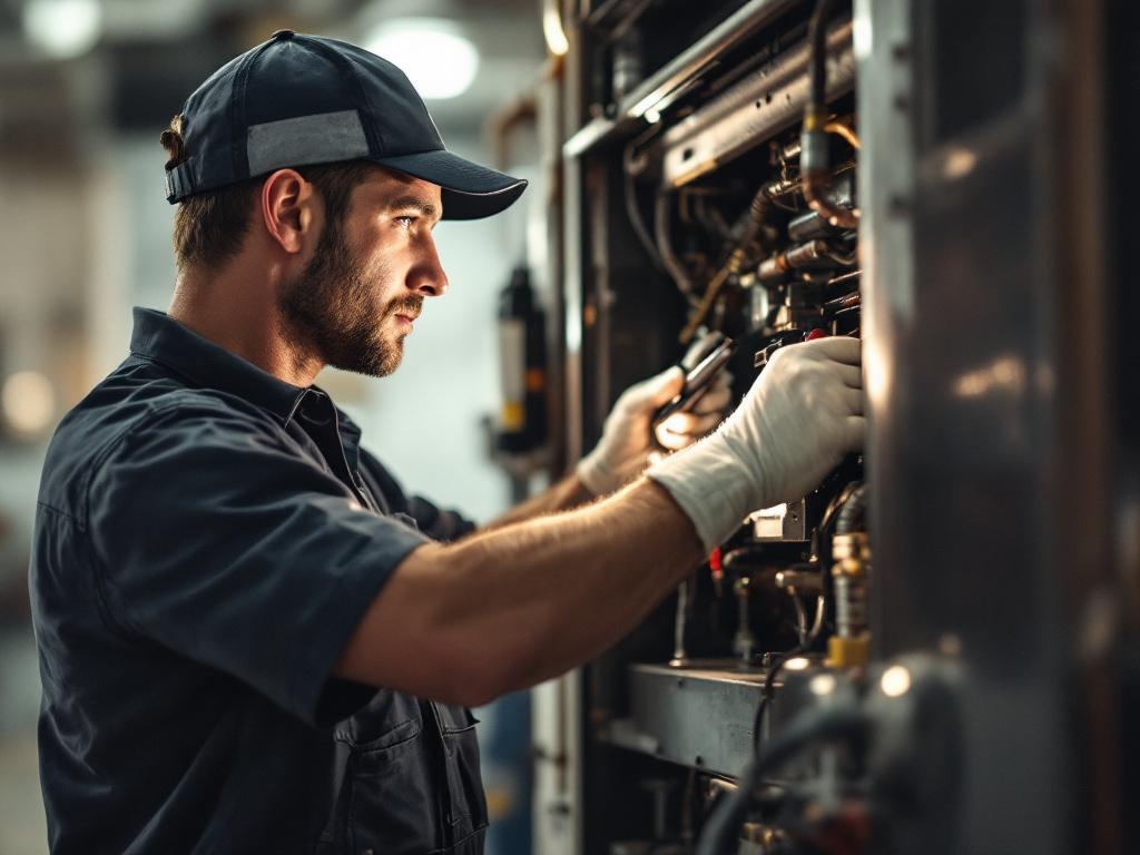 Professional HVAC technician repairing a furnace with tools in a home setting