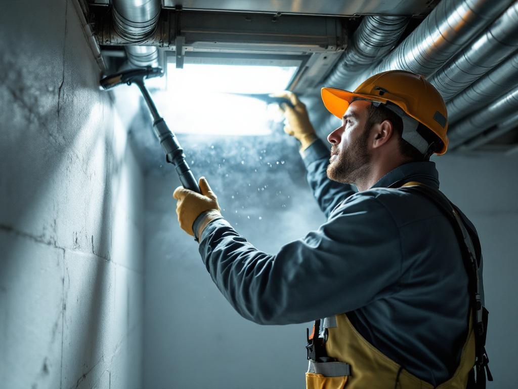 Professional HVAC technician cleaning ductwork with tools and equipment under natural lighting