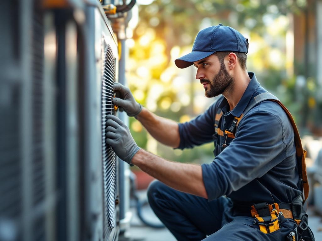 Professional HVAC technician servicing a heat pump with tools and equipment onsite