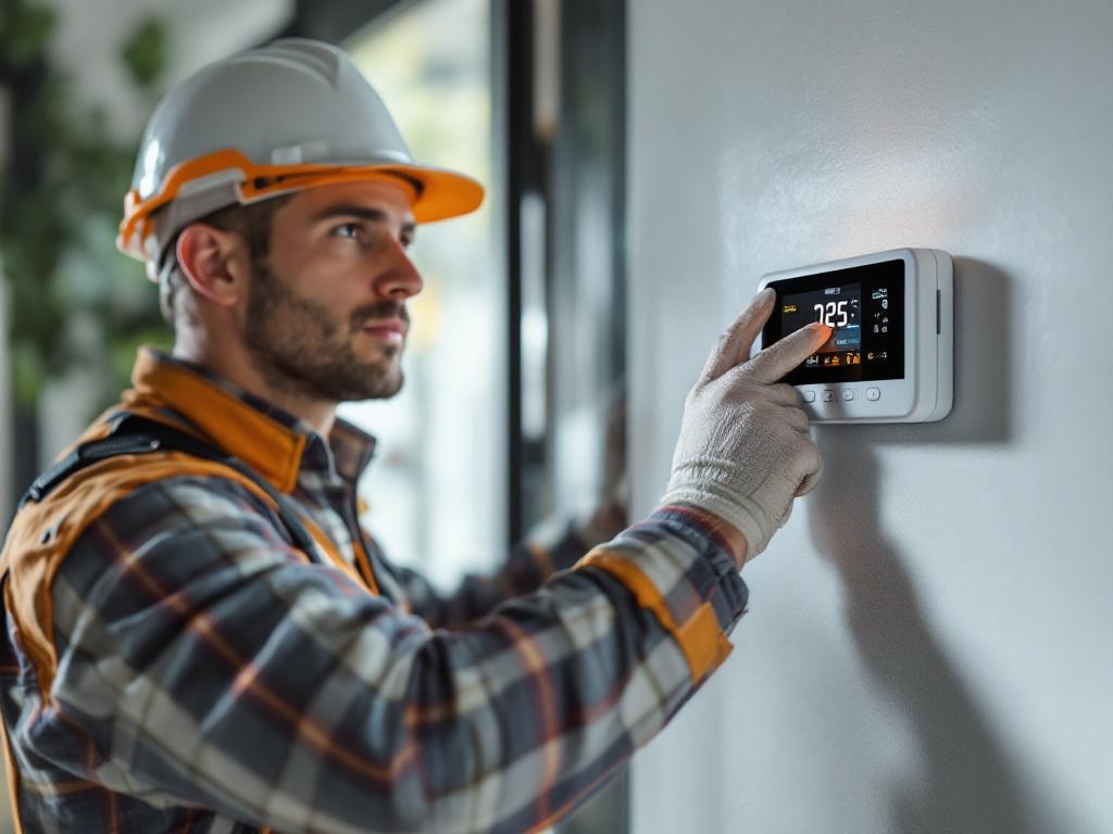HVAC technician installing a thermostat with tools in a home setting