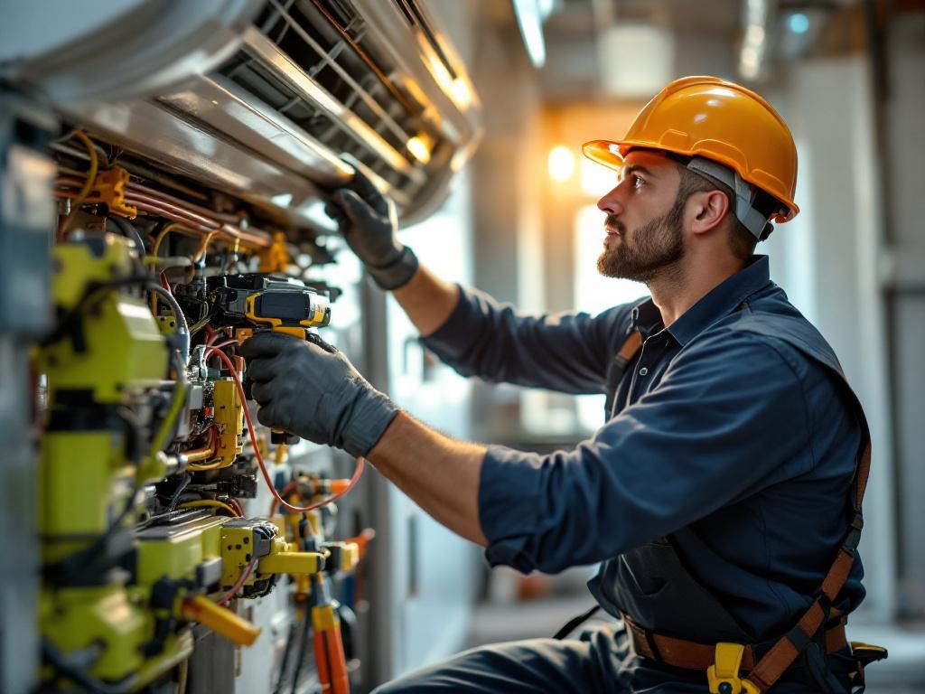 Professional HVAC technician installing an air conditioning unit with modern tools