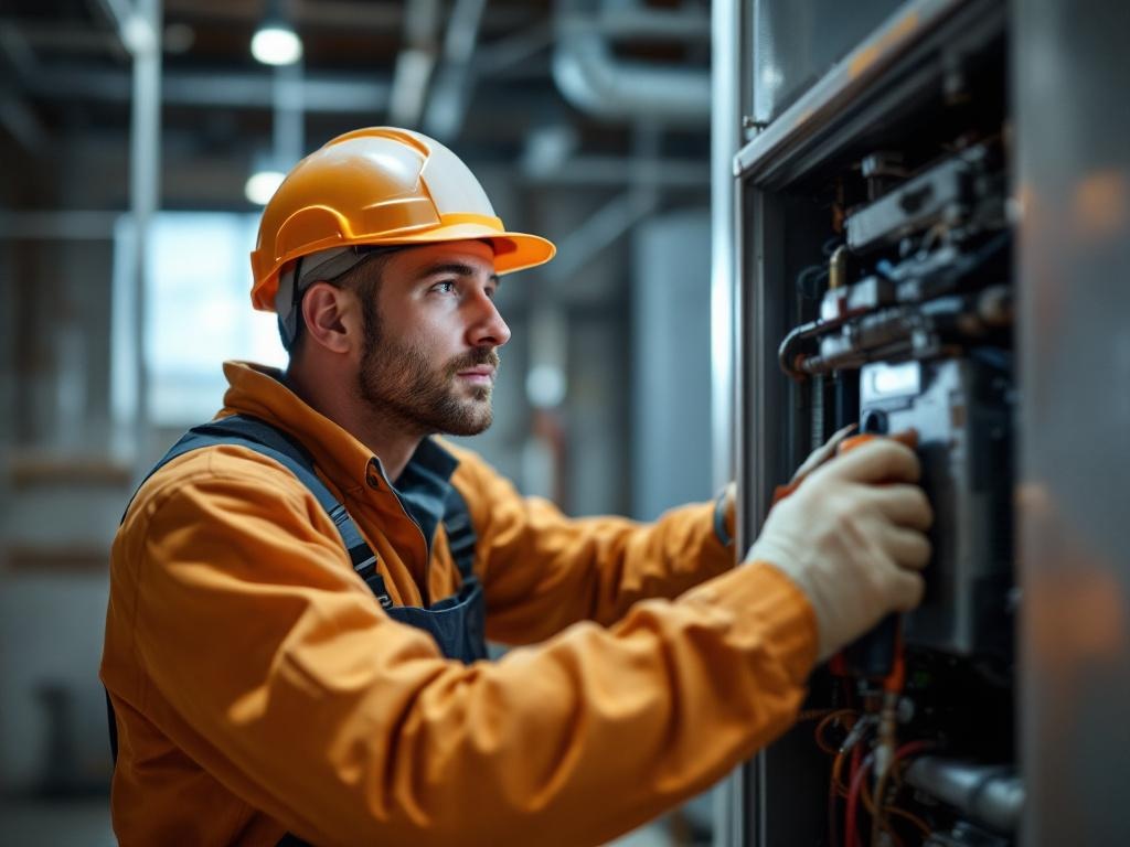 Professional HVAC technician repairing a furnace with tools in a well-lit environment