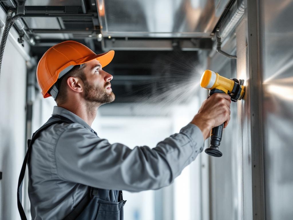 HVAC technician cleaning air ducts with specialized tools in a residential setting
