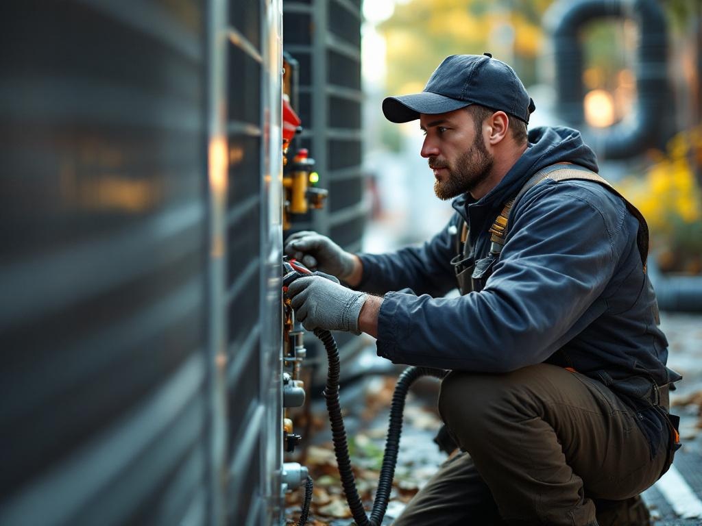 Professional HVAC technician servicing a heat pump with tools in natural lighting