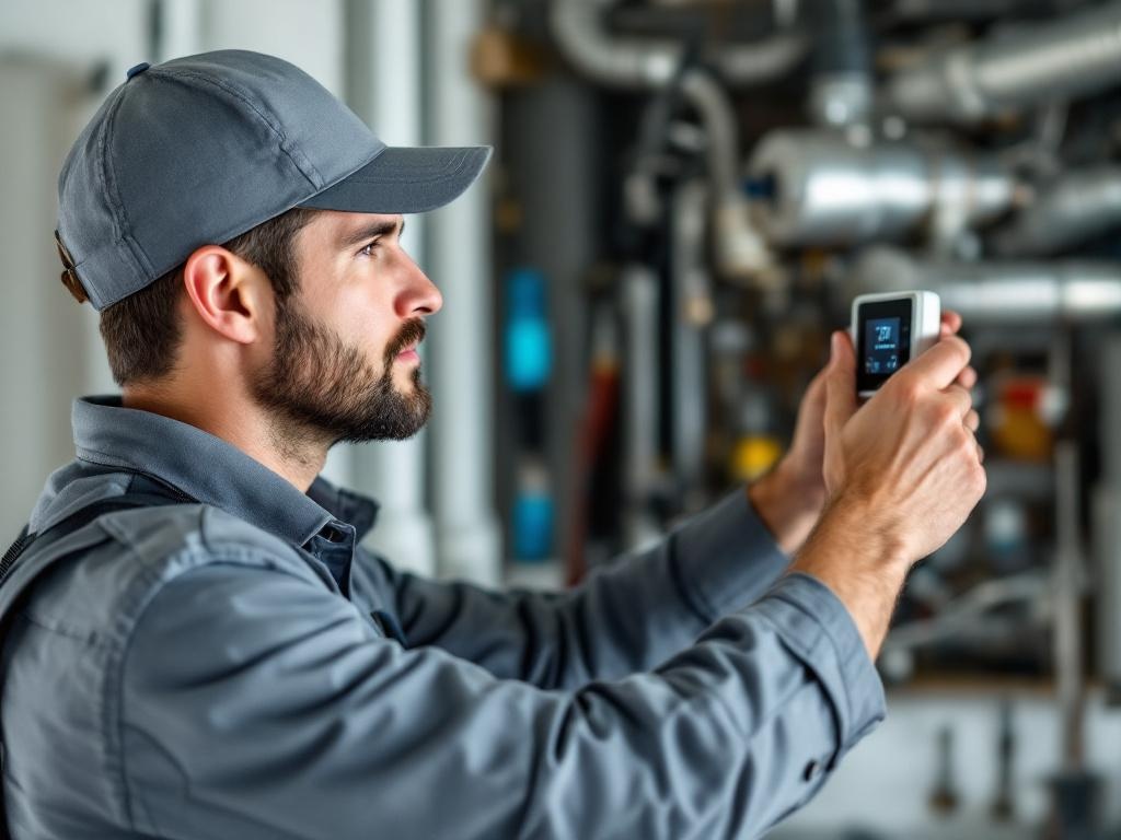 Professional HVAC technician installing a modern thermostat with precision tools