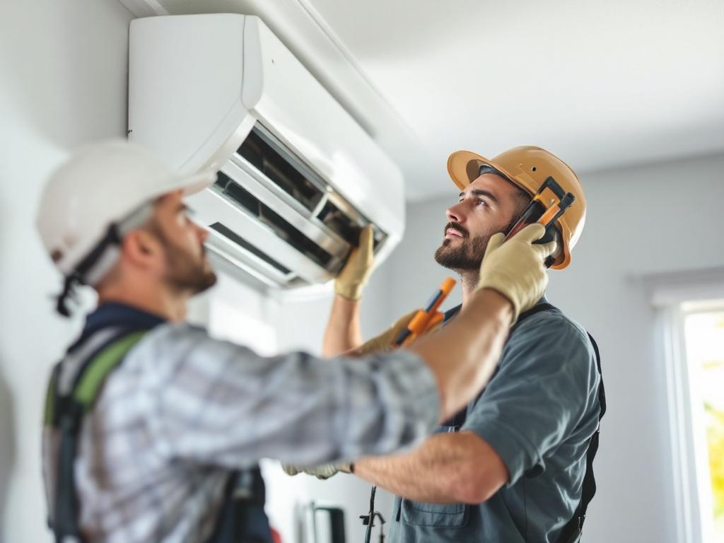 Technician installing air conditioning unit with professional tools and equipment
