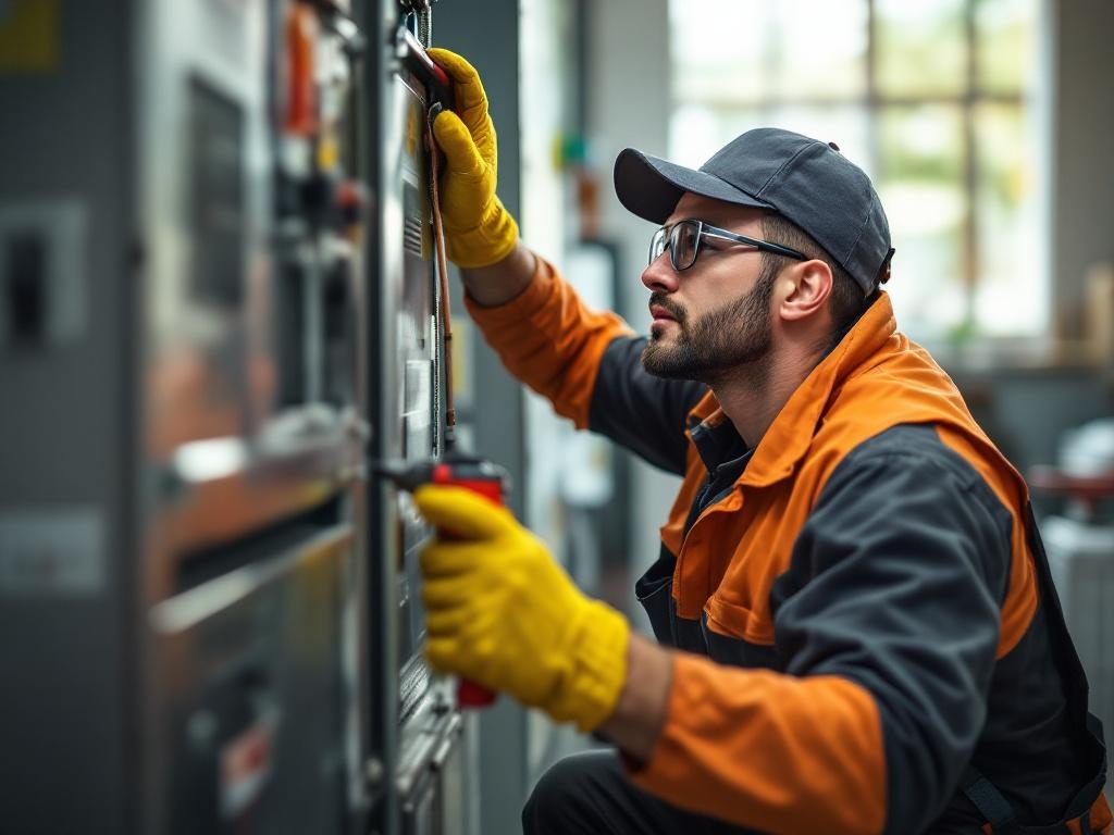 Professional HVAC technician repairing a furnace with tools in a well-lit environment
