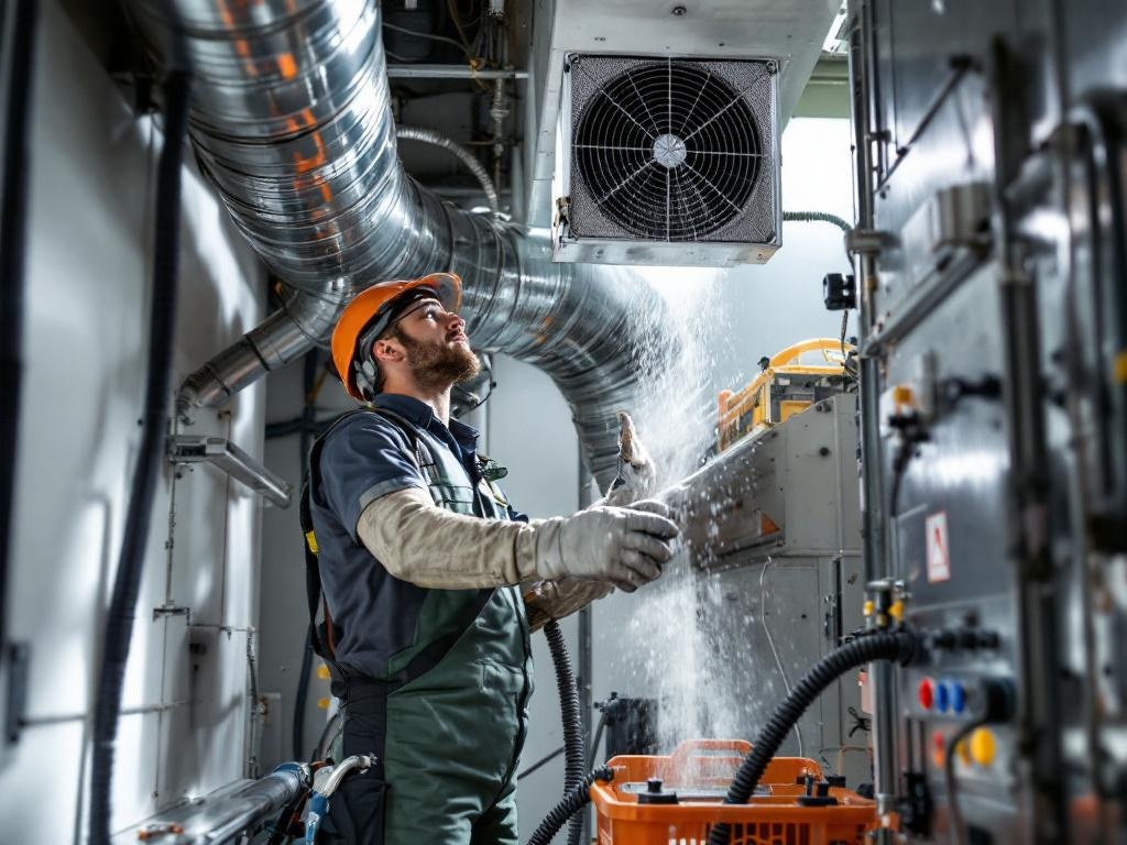 HVAC technician cleaning ductwork with professional tools in a residential setting