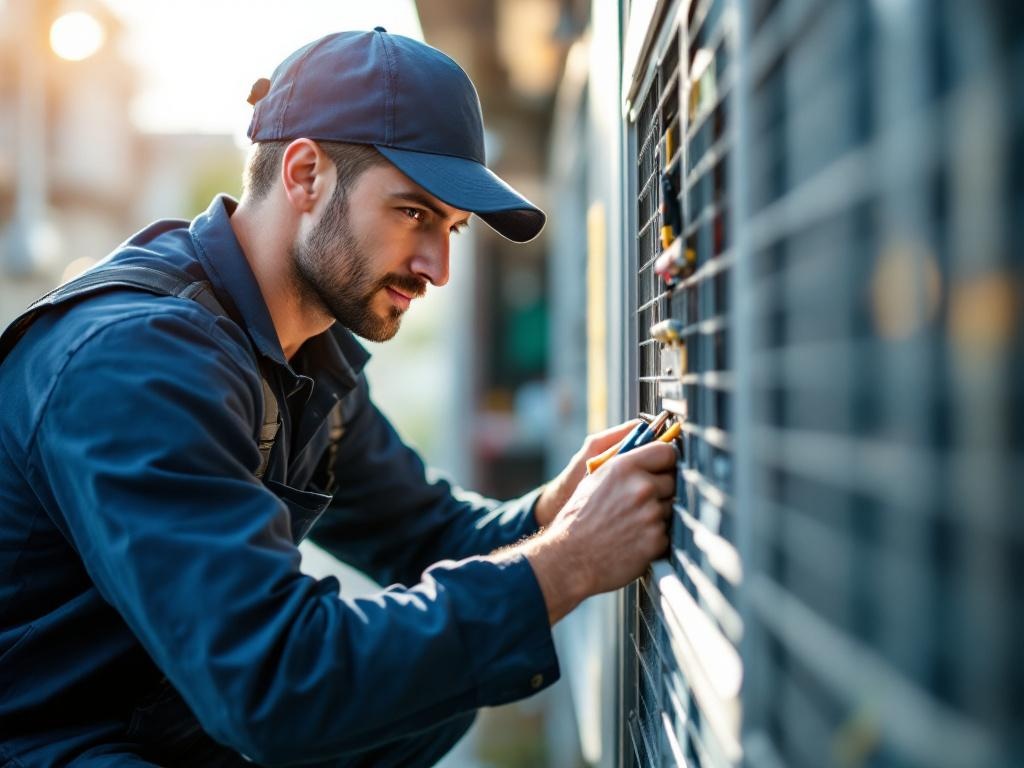 Professional HVAC technician servicing a heat pump with tools and equipment in natural lighting
