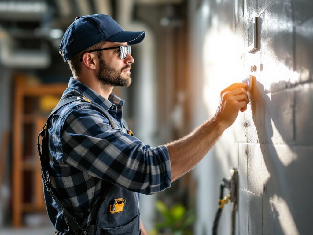 Professional HVAC technician installing a modern thermostat with precision tools