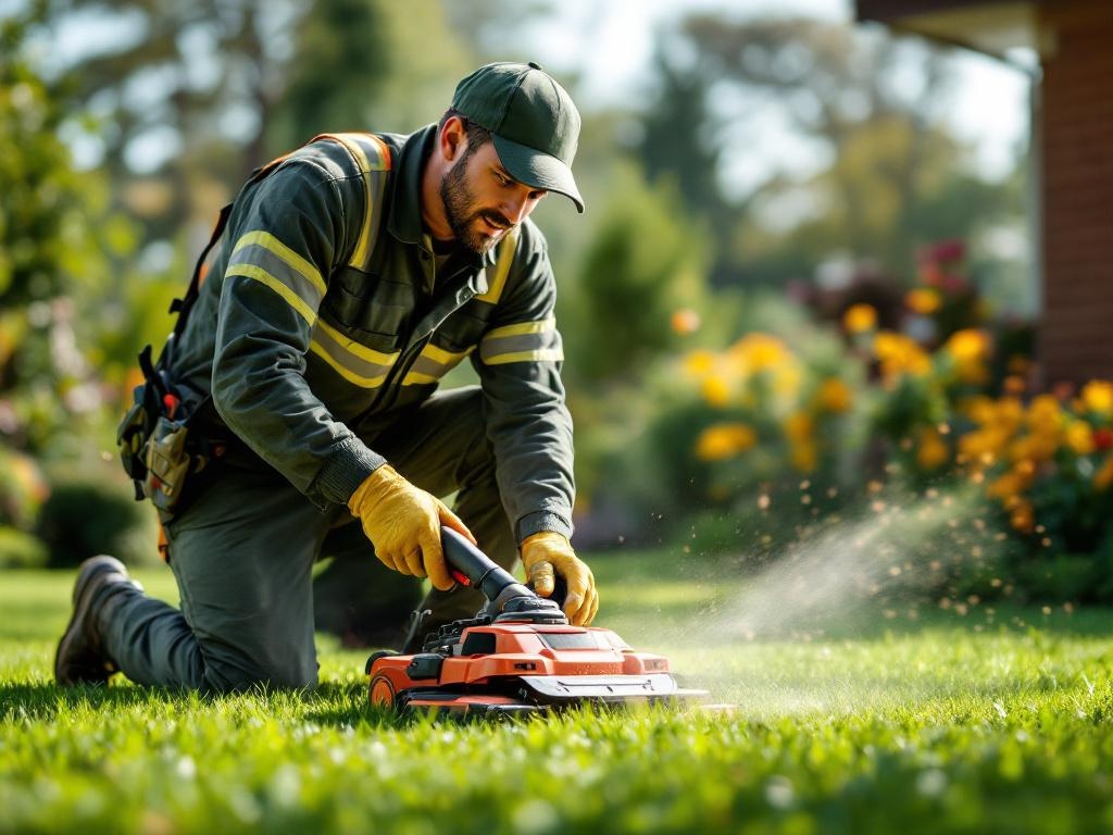 Professional landscaper performing lawn care using tools under natural sunlight